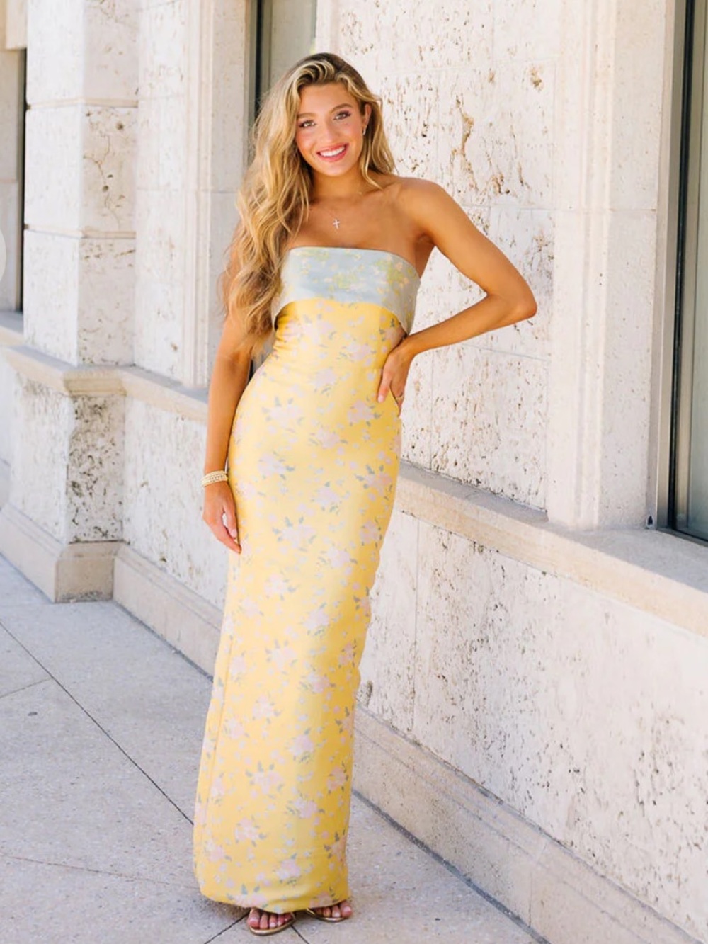 Strapless Yellow Floral Gown